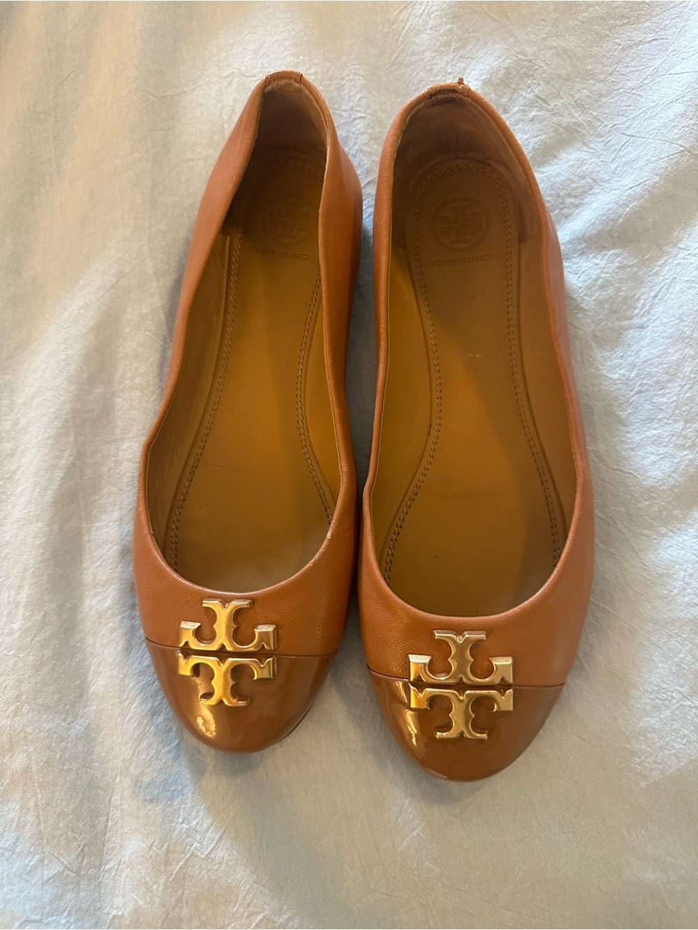 Tory Burch Cognac Leather Logo Ballet Flats